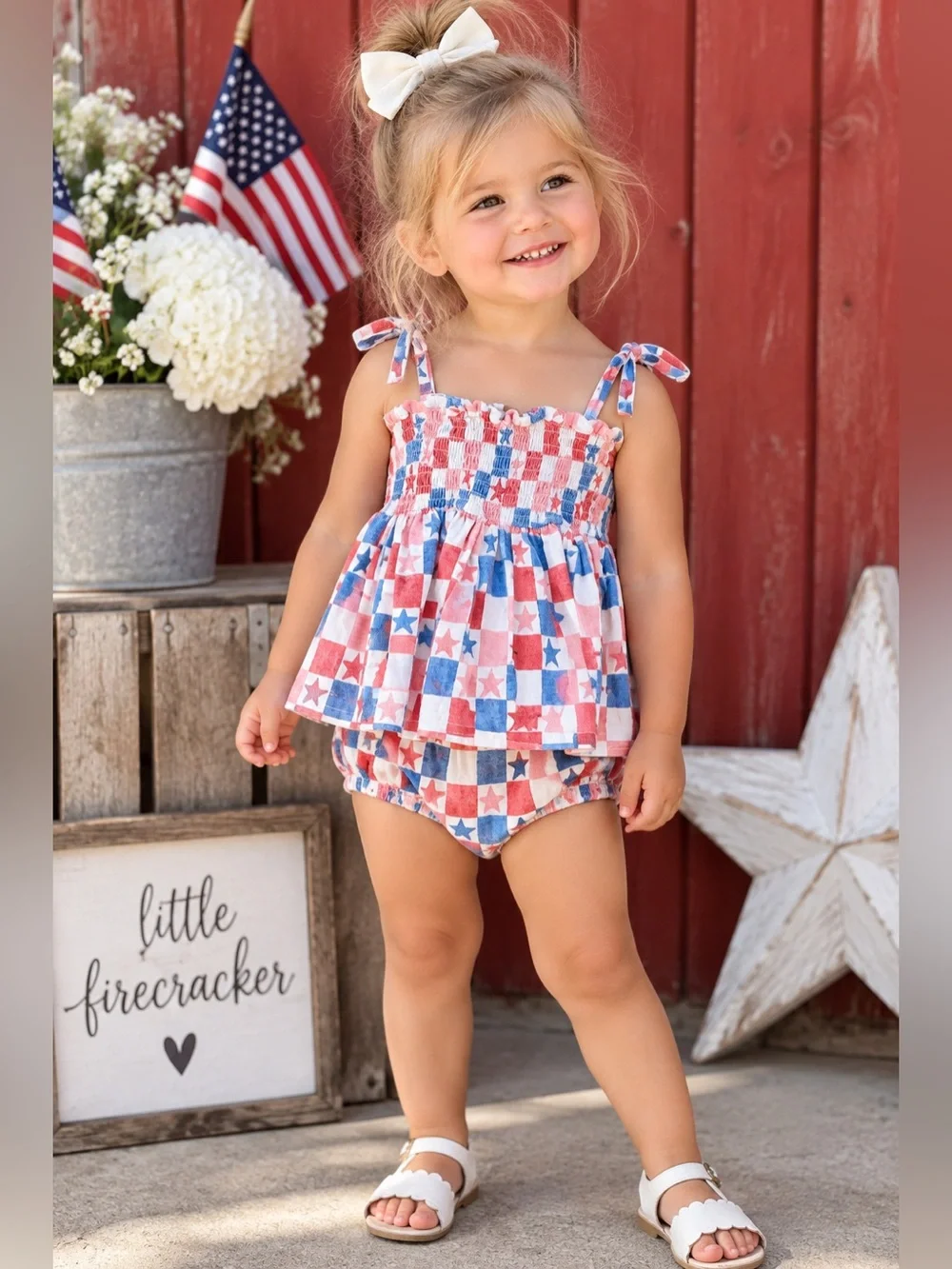 SIIX Girls 2Y Patriotic Red White Blue Star Check Smocked Top & Bloomer Set